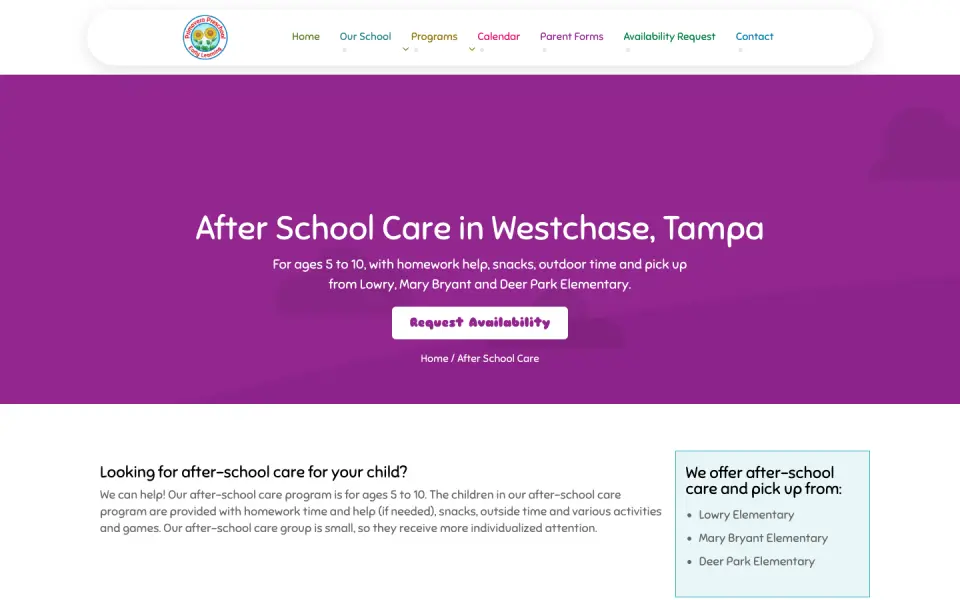 New After School Care page: headline with ages, pick-up schools and a Request Availability button