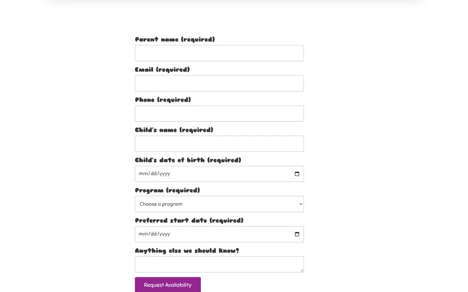 New availability request form with parent, child, program and start date fields