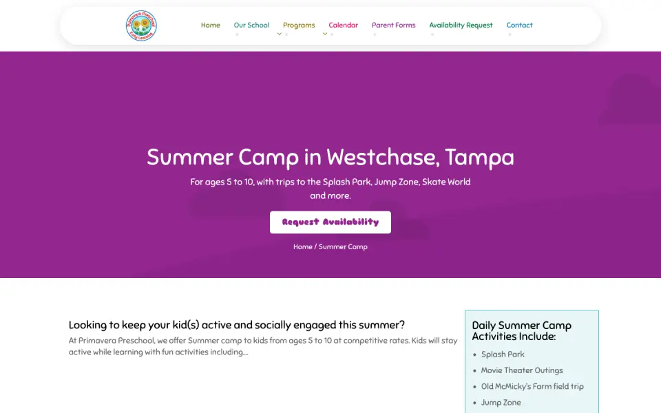 New Summer Camp page: Summer Camp in Westchase, Tampa, for ages 5 to 10