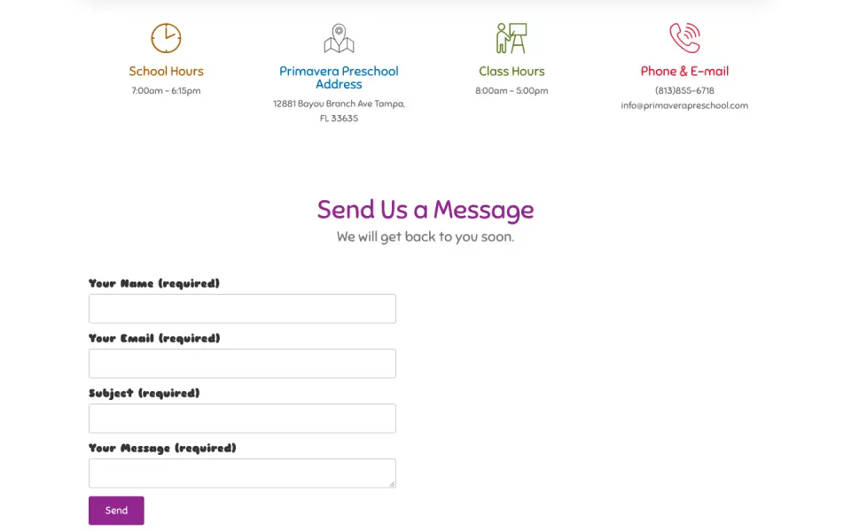 New contact page with info@primaverapreschool.com and a Send Us a Message form