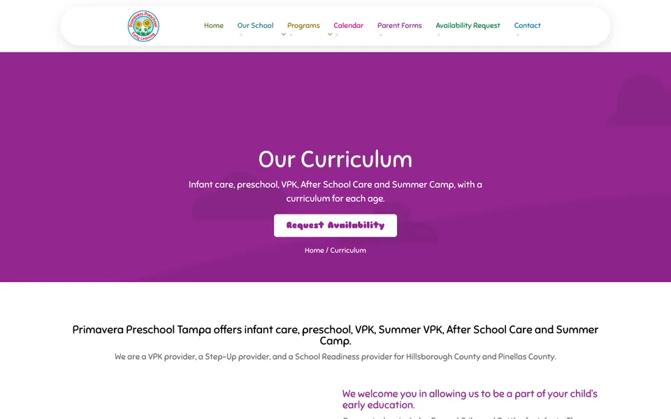 New curriculum page: infant care, preschool, VPK, After School Care and Summer Camp