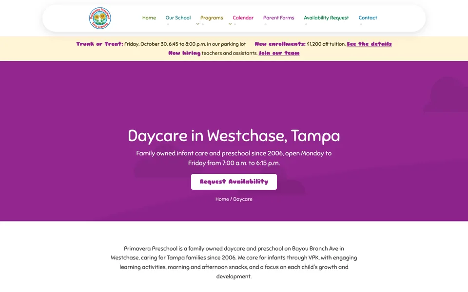 New Daycare in Westchase, Tampa page with hours and a Request Availability button