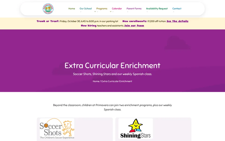 New Extra Curricular Enrichment page with Soccer Shots and Shining Stars