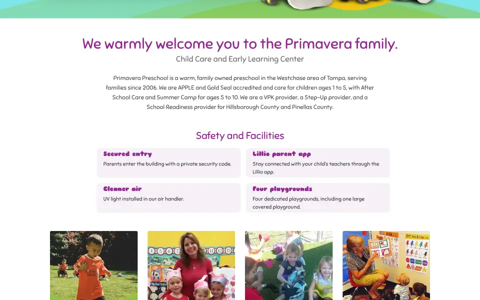 New home page welcome text and a Safety and Facilities section with four cards