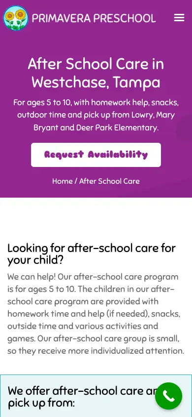 New After School Care page on a phone with headline, ages and button