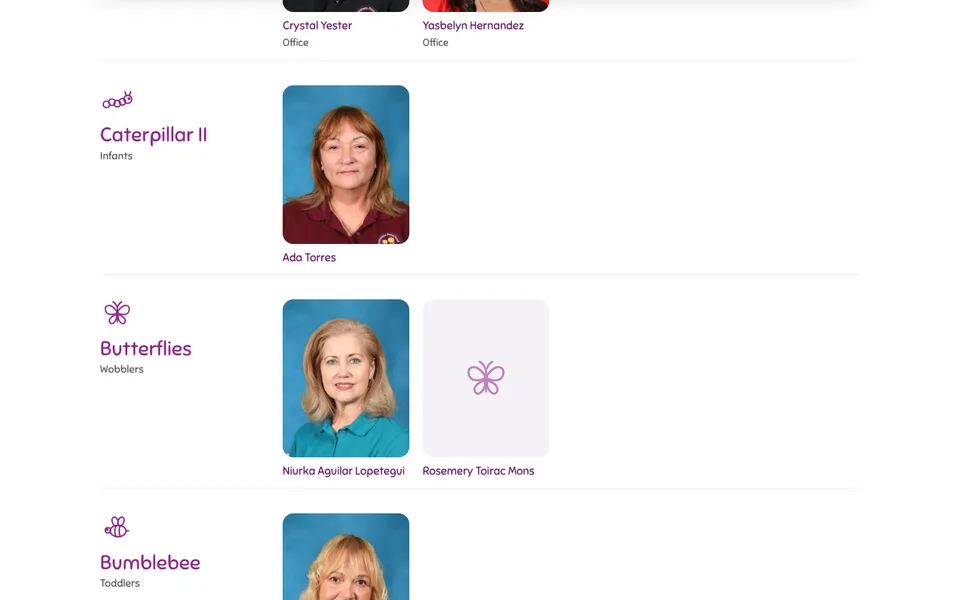 New Our Staff page: teachers grouped by classroom with a small icon for each room