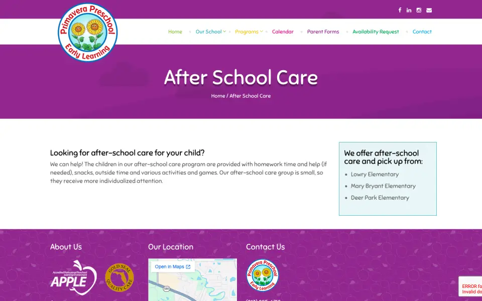Old After School Care page: plain title banner, a reCAPTCHA error in the corner