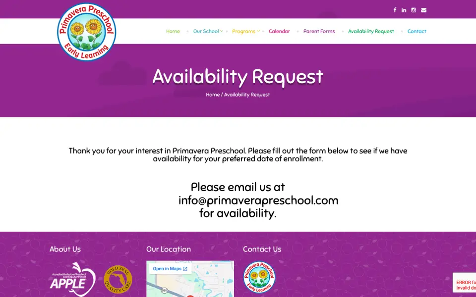 Old availability page asking parents to email instead of a form