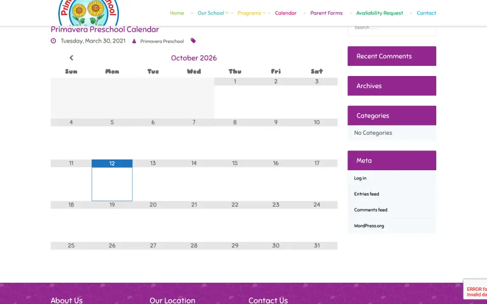 Old calendar page with a WordPress sidebar of Recent Comments, Archives and Log in links