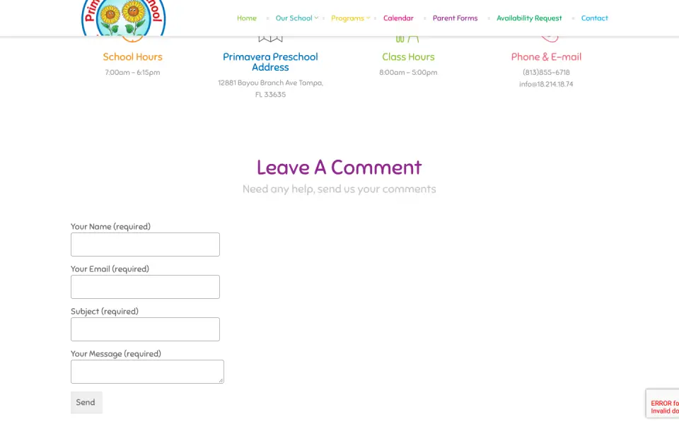 Old contact page showing the email as info@18.214.18.74 and a Leave A Comment form
