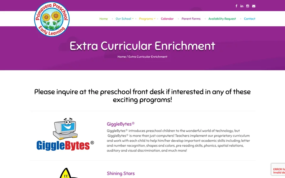 Old Extra Curricular Enrichment page listing GiggleBytes and other programs